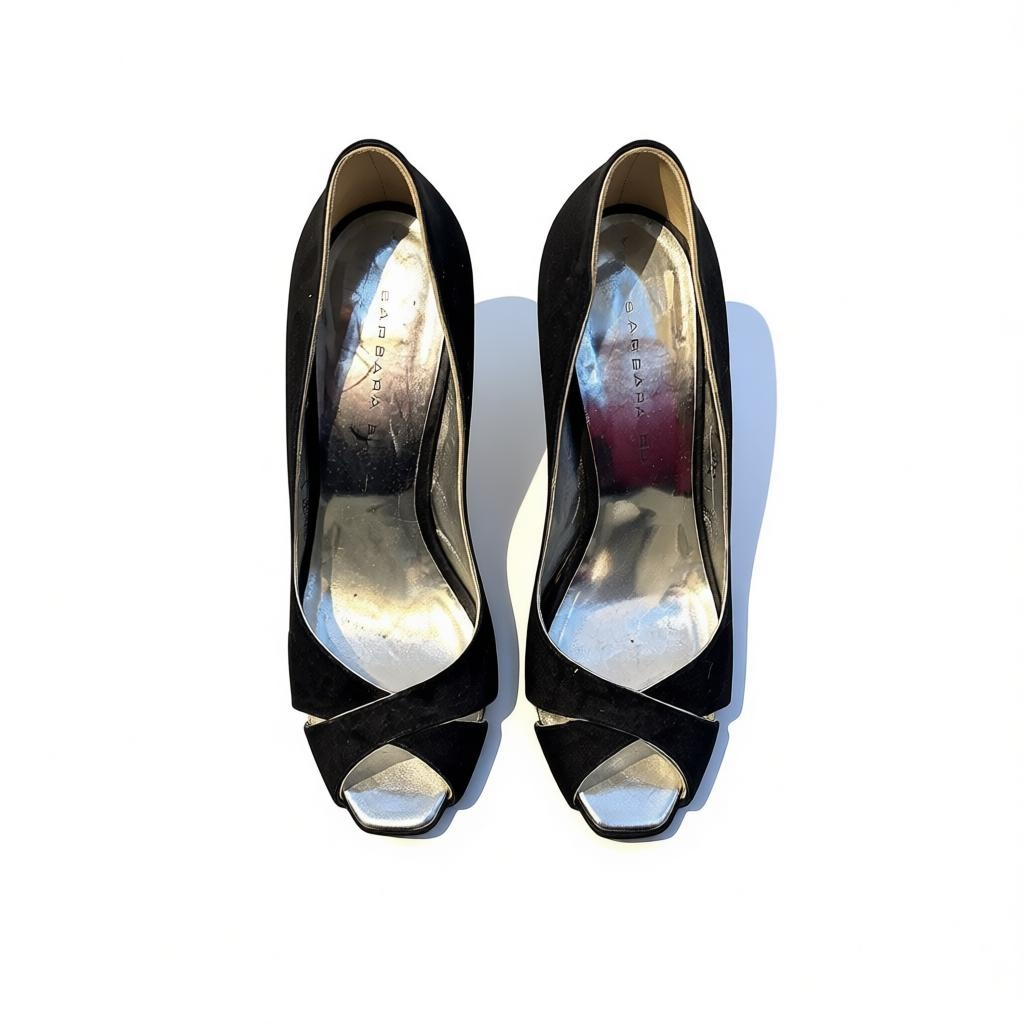 BARBARA BUI BLACK SUEDE AND SILVER PEEP-TOE HEELS