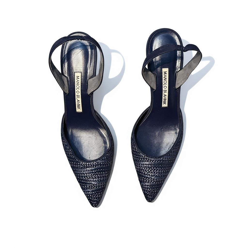 MANOLO BLAHNIK NAVY CASAM RAFFIA SLINGBACK PUMPS
