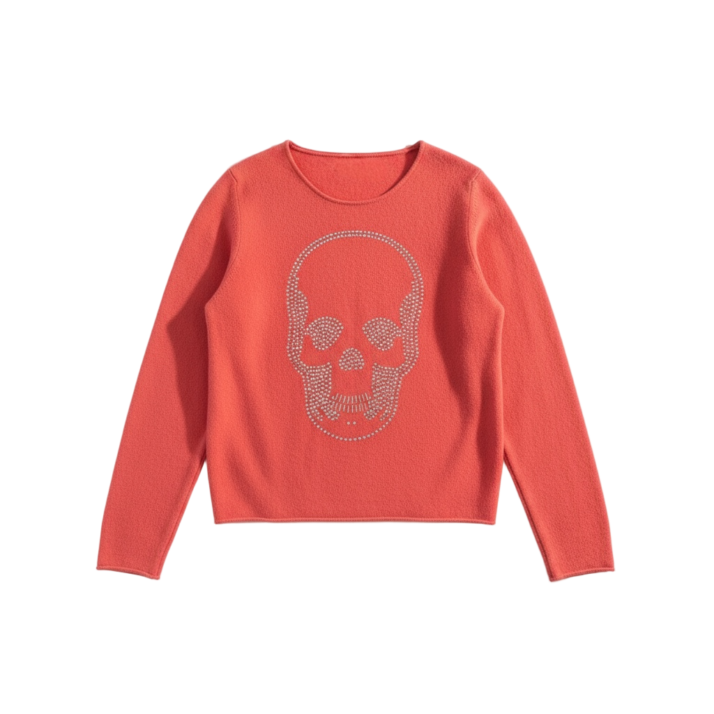 Red long-sleeve shirt with a skull design on a white background