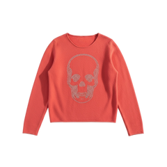 Red long-sleeve shirt with a skull design on a white background