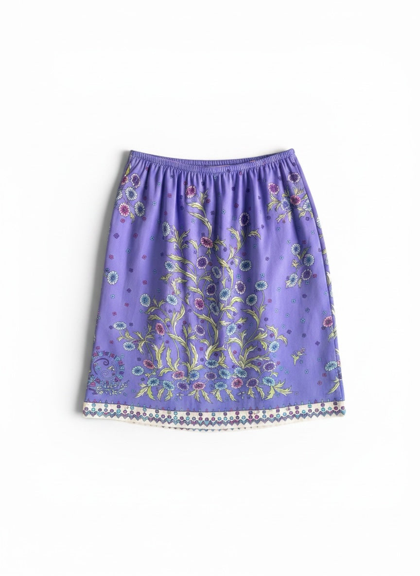SMURK purple A-line skirt with a floral print, elastic waistband, and a decorative bohemian border hem.
